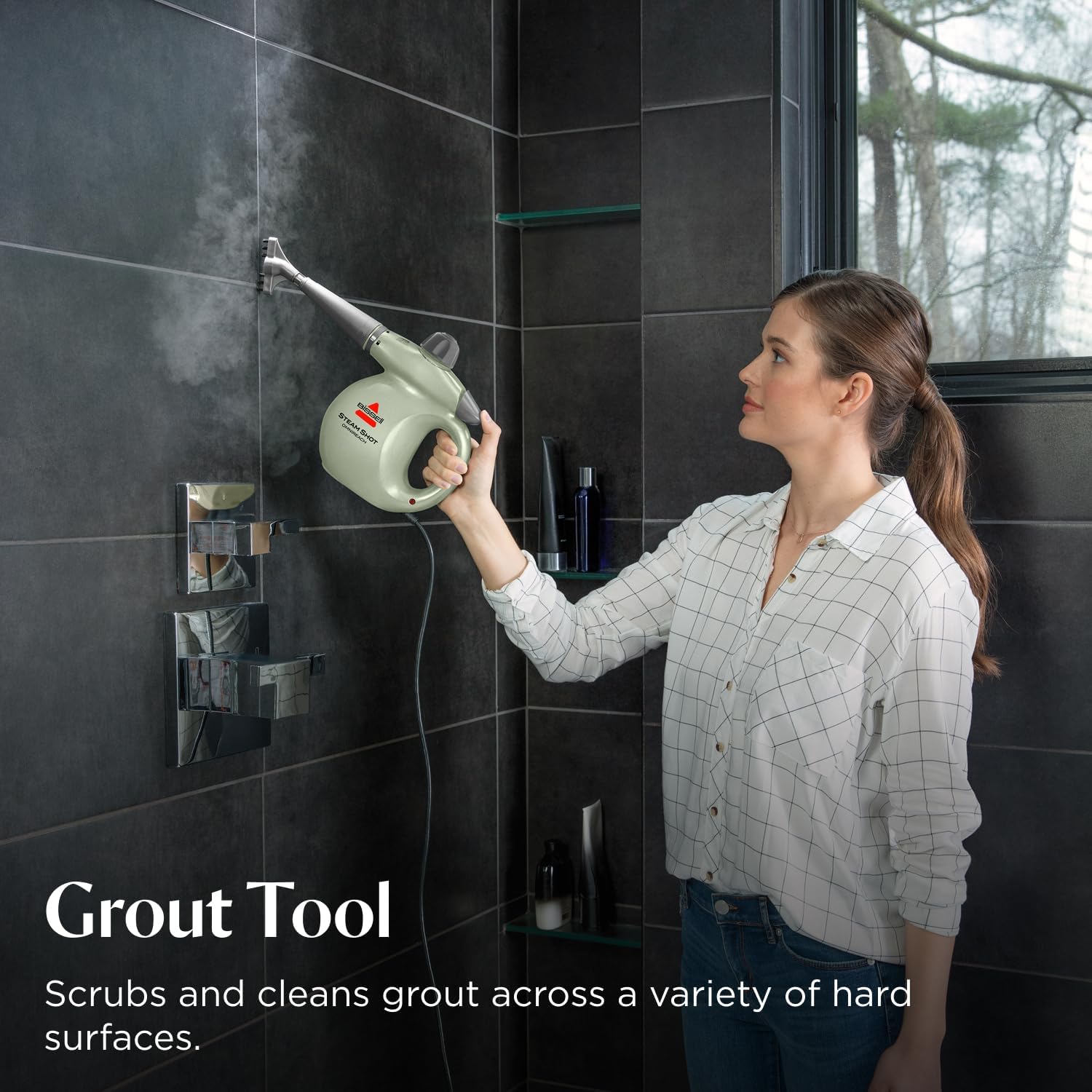 Handheld portable steam cleaner for tile, grout, windows, bathrooms, kitchens, fabric steaming tool, includes 10 tools